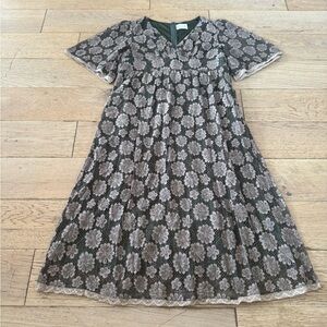 Bella Ella Boutique Olive Green‎ Floral Lace V-Neck Empire Waist Dress L (665)